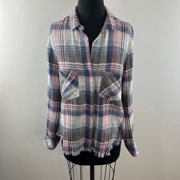 BELLA DAHL Linen Blend Pink Gray Button-Down Plaid Top Shirt Raw Hem Size S - Picture 2 of 10